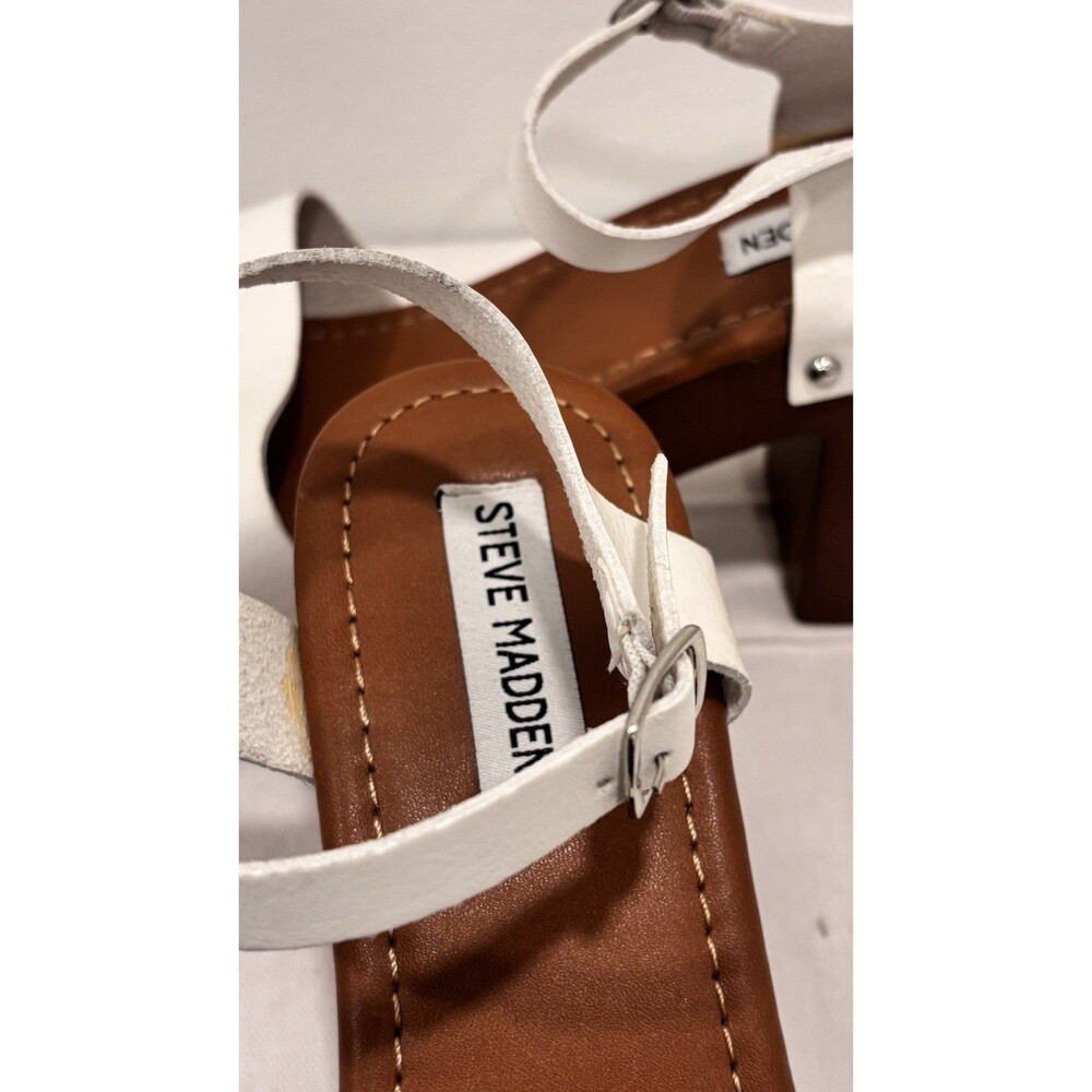 Steve Madden White Platform Sandals Faux Wood Block Heel Studded Ankle Strap - Picture 5 of 6